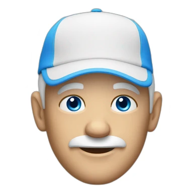 a bald old english man with bright blue eyes and golf hat sticker