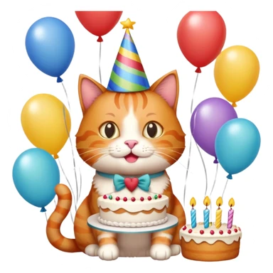 Ginger cat celebrates birthday, birthday hat, birthday cake, balloons, happy, gifts sticker