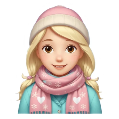 A cute, warm Christmas emoji-style illustration for a romantic A cozy winter atmosphere, soft pastel colors, gentle lighting. A sweet smiling girl with a warm scarf, glowing Christmas lights, snowflakes, and a small heart symbol. clean lines, closeness, and affection.
 sticker
