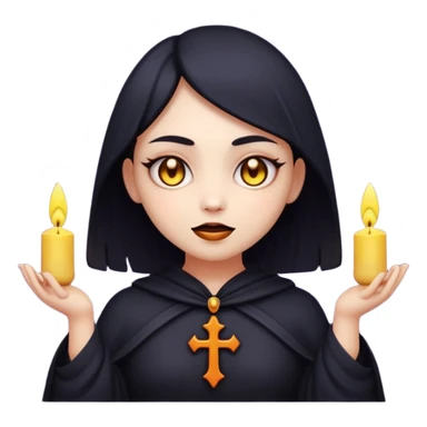 Stylized cult cartoon girl emoji, eerie-cute aesthetic, symmetrical design, subtle spooky vibe, glowing eyes, chanting “AMILK”, bold graphic icon sticker