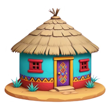 African mud hut tribal house, round adobe clay hut, thatched roof, bright colorful paint, walls in turquoise, red, yellow, purple, tribal patterns, cute mobile game icon, 3D cartoon, soft shadows, clean background, no text, no watermark sticker