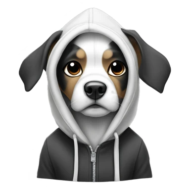 Black and white dog with pointed ears wearing a hoodie sticker