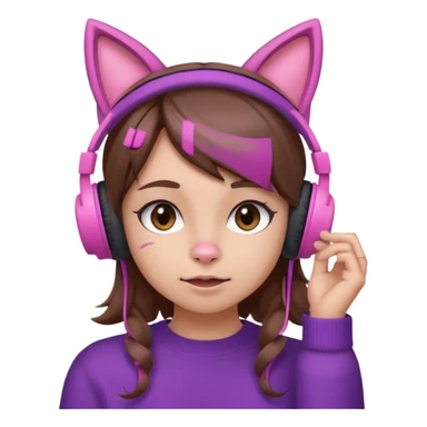 une fille avec des écouteurs de chat rose et des cheveux brun qui fais une grimasse chandaille mauve sticker