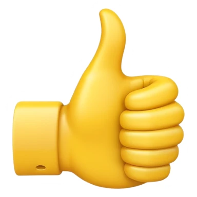 Apple-style 3D illustration of a single yellow emoji hand giving a thumbs up gesture, glossy and rounded, centered on a clean white background, soft shadow underneath, isolated and minimal design sticker