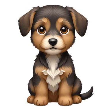 A cute small dog emoji with a wire-haired coat, black and tan coloring, medium-sized floppy ears, short legs, and expressive dark eyes. The dog should look like a mix between a Dachshund and a Yorkshire Terrier. It should have a fluffy, slightly shaggy face with more hair around the snout and eyebrows. Sitting pose, slightly tilted head, with a curious and gentle expression. sticker