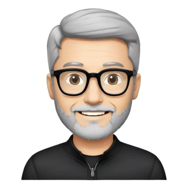 Fair-skinned man with short black hair styled upward, short graying beard, large black-framed glasses, smiling, wearing black long sleeve shirt with zip at neck sticker
