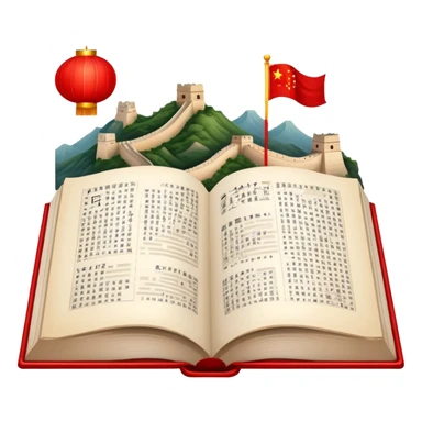 An icon featuring the Great Wall of China and the flag of China, symbolizing the Chinese language. The design includes an open book with Chinese characters and a red lantern, representing language learning and rich cultural tradition. Transparent background highlights the depth of Chinese heritage. sticker