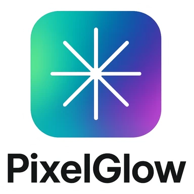 modern minimal logo for PixelGlow, rounded square with an aurora-style gradient background, central white geometric starburst symbolizing creativity and magic, clean, professional, and tech-friendly sticker