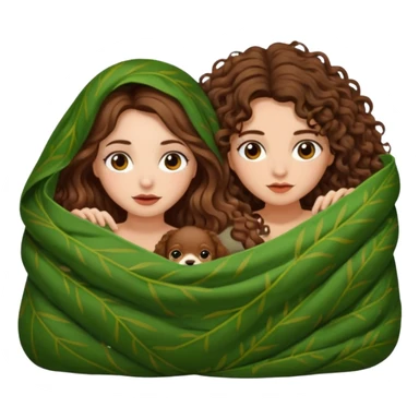 fake sleep pose — long wavy brown hair tattooed woman and short tight curly brown hair woman — peeking under leaf blanket sticker