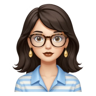 An emoji featuring a woman with long wavy dark brown hair and a whispy bang, wearing thick tortoise SQUARE glasses, gold drop earrings. She has long lashes and a nude browny glossy lipstick. She's wearing an oversize light blue shirt with white vertical strips. sticker