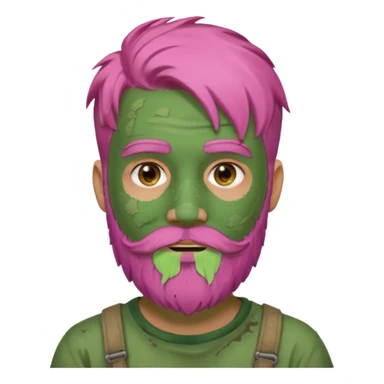 pink haired man with full full face dirty messy green clay mask and beard sticker