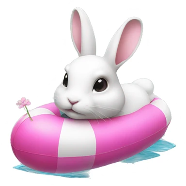 white rabbit wearing a swimming float, pink flower in her ear sticker