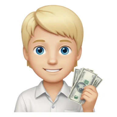 blonde boy, blue eyes, white shirt, holding money, smiling sticker