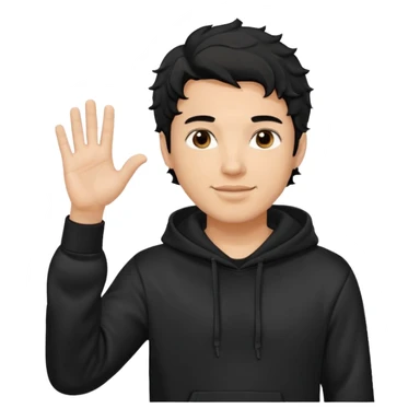 Now create man waveing with one hand with little bit wavey dark black hair with black hoodie on and make him light skin. his haircut is mid fade with hair on his forehead sticker