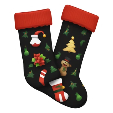 a pair of black socks adorned with a christmas pattern sticker