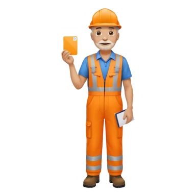 older engineer hi-vis orange overalls standing full body holding a card sticker