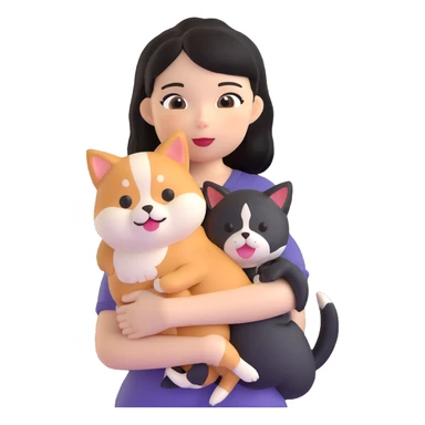 girl with black shoulder-length hair wearing a black tight-fitting top with a calico cat with white mouth and a shiba inu dog sticker