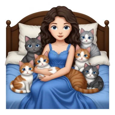 detailed realistic looking a dark grey and white cat regally laying with six other cats, cuddling with their owner in bed who is a pretty bratz lightly tanned white girl with long dark brown hair, blue eyes and gorgeous long wavy hair wearing a pretty detailed dress sticker