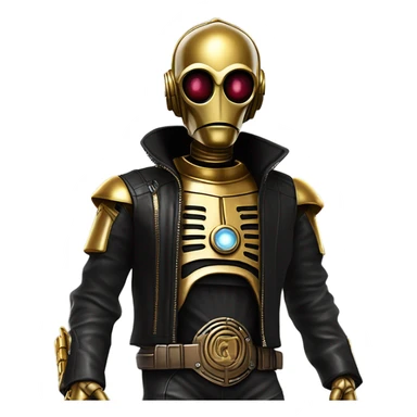 battle rough and tough c3Po wearing Satan’s leather biker outfit with guns hat on head. walking sticker