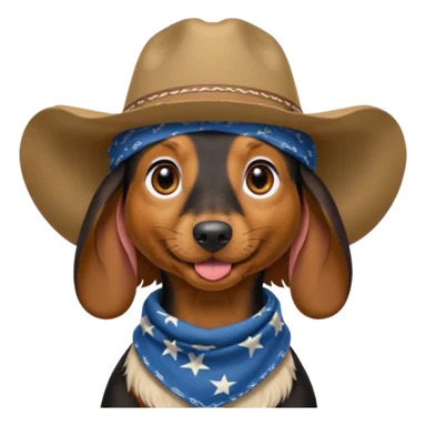 mostly black with some brown long hair daschund with a cowboy hat, ears curl out a bit and bandana and tongue slightly out sticker