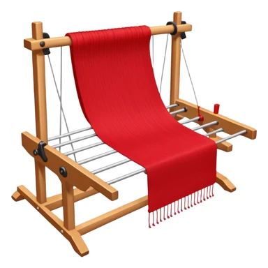 rigid heddle weaving loom set up for weaving a bright red scarf, with red yarn on a stick shuttle laying across the warp threads sticker