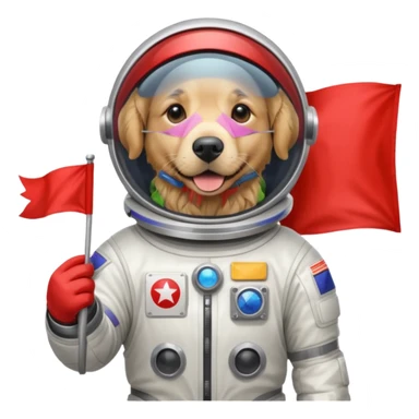 golden retriever standing in space suit holding red rectangle flag sticker