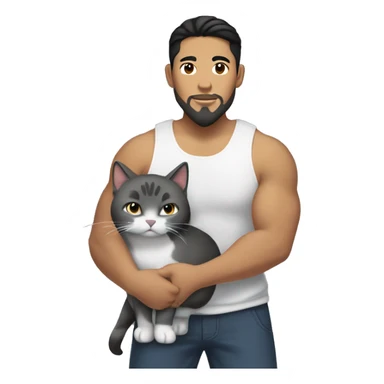 tall big Asian Pilipino man with big muscular calves, beard and man bun holding a cat that is grey and black sticker