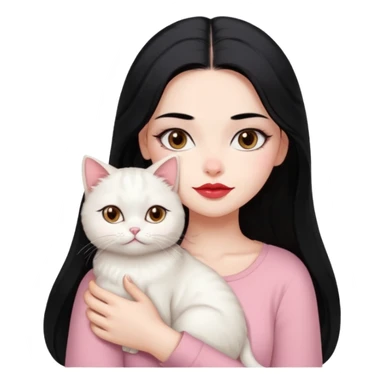 Beautiful Girl Long Hair black, Brows Big , Skin White, Top Pale Pink , Big Red Lips, EyesCoffe , Hug Little baby Persa Cream Cat With Cute Eyes sticker