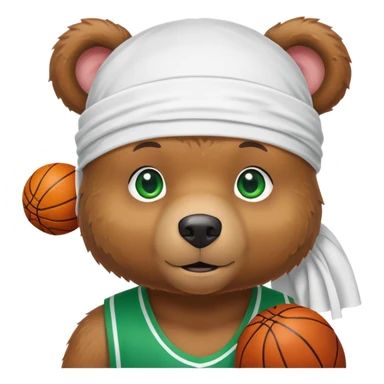 Cute brown bear with green eyes wearing a white durag and a basketball jersey visible only up to the shoulders, iOS emoji style sticker