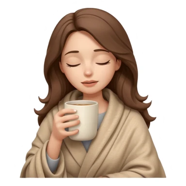 emoji-style illustration of a pretty relaxed woman with long wavy brown hair, wrapped in a cozy beige blanket, holding a mug cup, eyes closed, sad and a bit anxious expression, soft 3D cartoon rendering, warm and comforting mood, plain background
 sticker