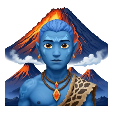 a Avatar blue skin wearing ancient animal skin cloth with volcano behind, half body, icon sticker