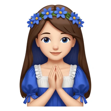 Generate a girl with her eyes closed and smiling and Boht her hands under the chin, palms facing upwards. She should be wearing a white dress with cobalt blue flowers on the dress and puffed sleeves. She has ling straight hair. Only her face and chest is visible. sticker