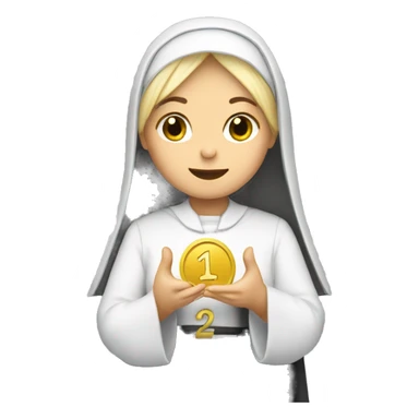 A blonde nun holding a coin with the number 13 on it sticker