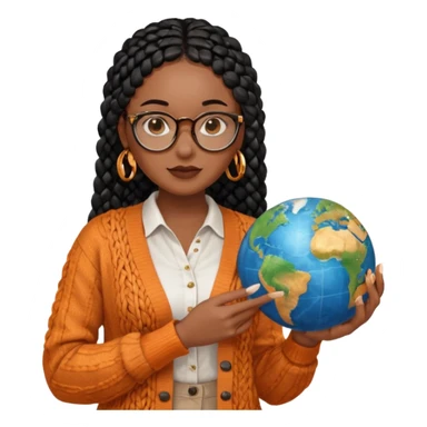 a young woman wearing fine gold round glasses and black hair in several box braids, she has light black skin, and she's wearing a white shirt with an orange-terracotta cardigan on top. She's holding a globe in one hand sticker