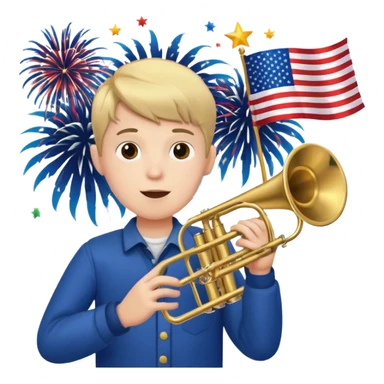 Boy holding trumpet with American flags and fireworks behind him sticker