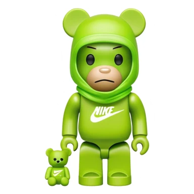 bearbrick toy wearing a lime green balaclava with a Nike swoosh logo sticker