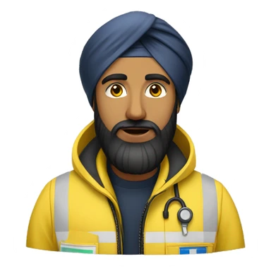 Sikh man with beard wearing a black turban and a yellow paramedic jacket sticker