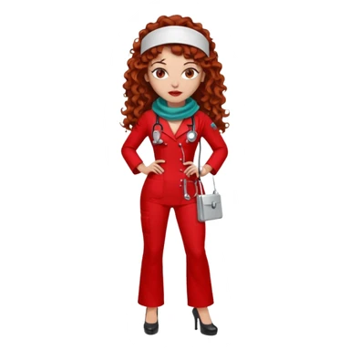 Sensual Spanish Lilith core evil surgeon.red outfit.  Surgeon has hazel eyes. Her hair is BROWN. Hair is also  long and  curly. wearing a sexy surgeon outfit with platform  heels.she is a calculated smart killer. She covers only her mouth and nose with silk scarf to hide identity  sticker