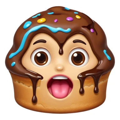 Funny cartoon chocolate mini pastry, wide shocked eyes, messy chocolate dripping, open mouth, chibi style, Twitch emoji style, transparent background, colorful
 sticker