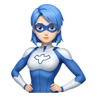 Emoji of a friendly woman with blue hair (no mask), wearing a minimalist blue and white superhero suit with broad shoulders. The suit has a large blank area on the chest for a logo, uses only blue and white colors, and has minimal details. Image is cropped at the chest level. sticker