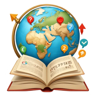 An icon featuring an open book with speech bubbles showing different alphabets—Latin, Cyrillic, Kanji. A globe and translation arrows symbolize global communication and language learning. Transparent background highlights cultural exchange and linguistic diversity. sticker
