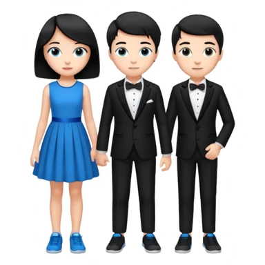 generate a pretty bratz fair skinned boy with short black hair wearing a black tux with blue sneakers with a girl in a pink dress sticker