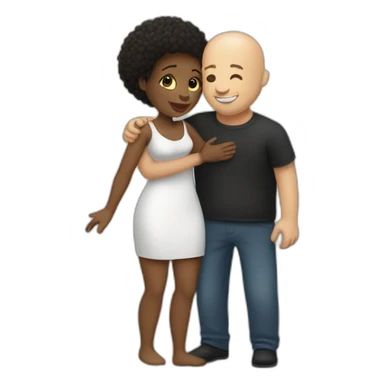 a hug from a black woman in a tight dress to a white man with no hair and a beard sticker
