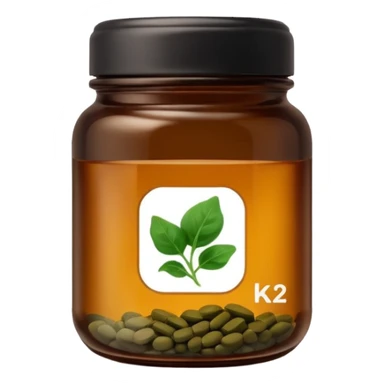brown glass jar of supplements with white label, black thin title K2 and small spinach emoji sticker