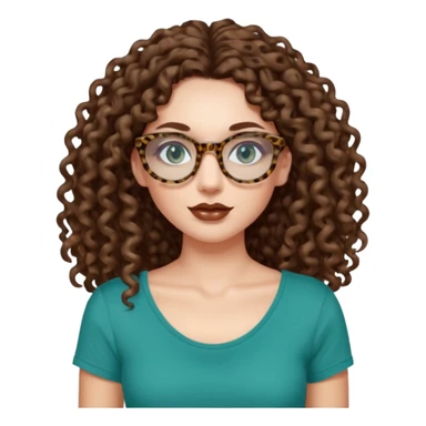 a blue green eyed woman with very very long brunette curly hair, full lips,and pale skin. She is wearing a leopard printed thin round-ish glasses . She is wearing a brown tshirt with a wide neck opening. sticker