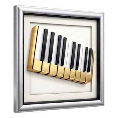 Create an elegant and festive emoji collage representing keyboard instruments, styled like a heraldic emblem. The design should feature a central focal point of black and white piano keys, arranged in a semi-circular or shield-like shape. Around the piano keys, add intertwining musical notes that form flowing ribbons, creating a dynamic and celebratory atmosphere. The design should be professional, with polished silver and gold accents on the keys and notes, highlighting the luxury and sophistication of the instruments. Add subtle shading and lighting effects to give the design a refined, 3D appearance. The background should remain transparent, and the overall feel should evoke grandeur, artistry, and a sense of celebration. sticker