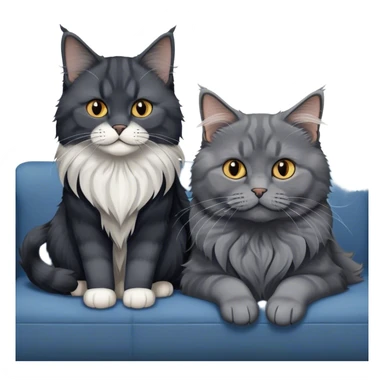 Portrait of a black smoke Maine Coon cat with long grey ear tufts, alongside a British Shorthair cat with a solid blue coat on sofa. Both cats with detailed fur textures and playful expressions. Soft, elegant background of room with warm, natural tones. Transparent background. sticker