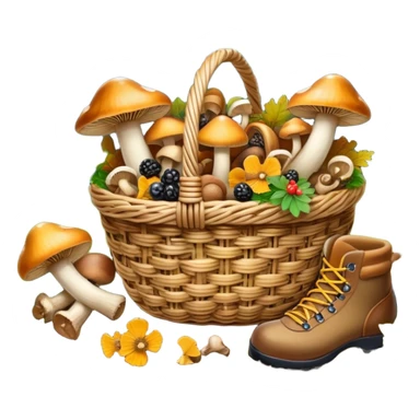 Icon for Mushroom and Berry Tourism: a basket filled with mushrooms chanterelles, boletus and aspen and berries, surrounded by forest elements like trees, leaves and a hiking boots. The icon should capture the joy of foraging in nature. Transparent background. sticker