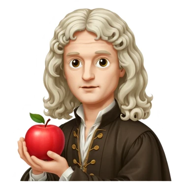Isaac Newton wearing 17th-century aristocratic attire with long curled periwig, hold an apple sticker