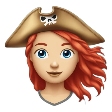 Woman long red platted hair hair only on one side of head, pirate hat. One side of head has no hair. Blue eyes. skull and crossbones t shirt sticker